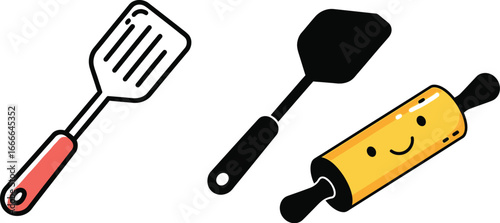 Cartoon kitchen utensils spatula rolling pin cooking tools illustration