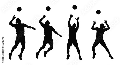 Dynamic silhouettes of volleyball players executing powerful serves and spikes in mid-air action vector
