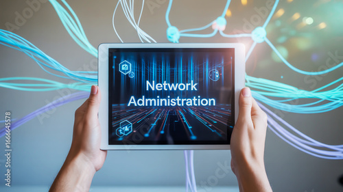 Seamless network administration management on digital tablet, visualizing data flow and connectivity