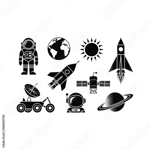 Collection of space exploration icons featuring astronaut rocket planet sun satellite rover