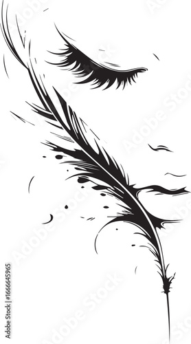 Serene Dream: Intricate black and white illustration depicts a serene face with closed eyes, a delicate feather gracefully adorning the scene.