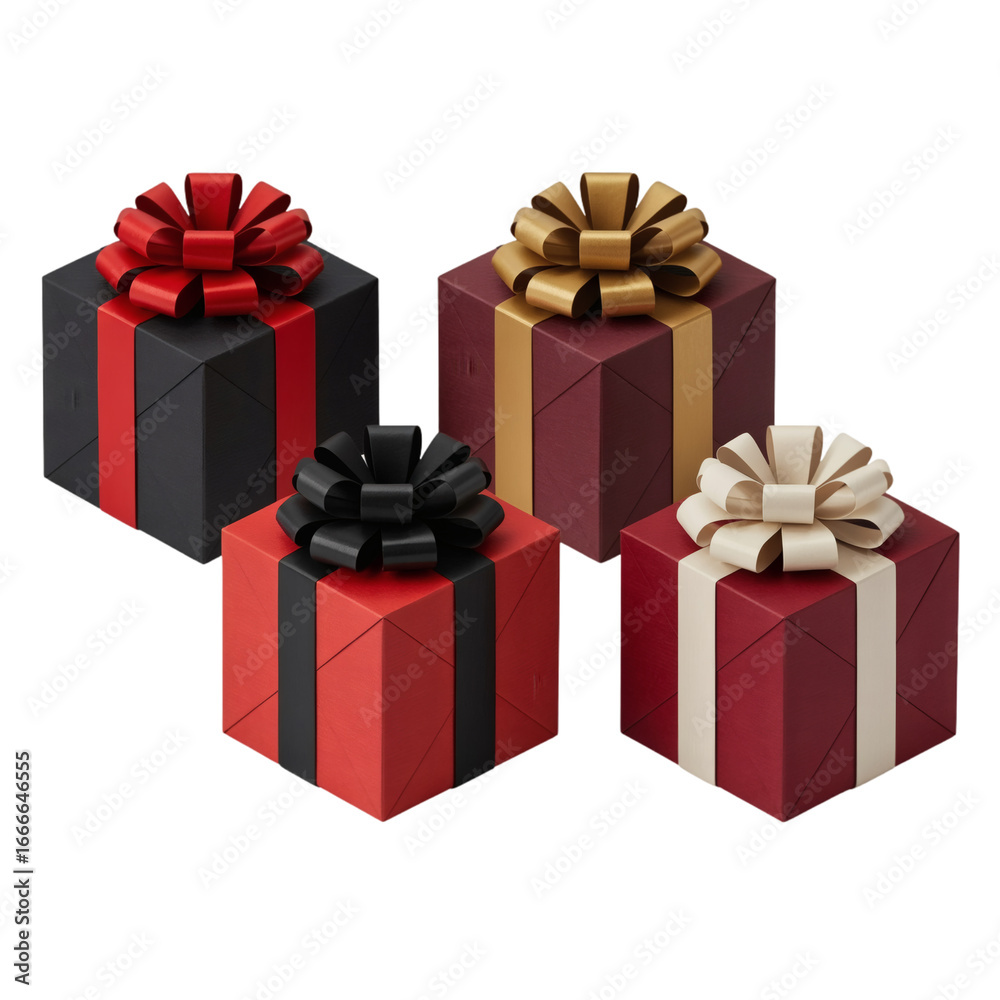 Obraz premium Four luxury gift boxes arranged in a row on transparent background