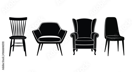 Diverse collection of four silhouette chairs showcasing different styles and designs ideal for interior decor vector