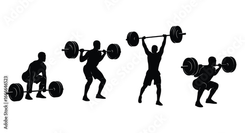 Weightlifting progression silhouettes illustrating the clean and jerk powerlifting exercise and training vector