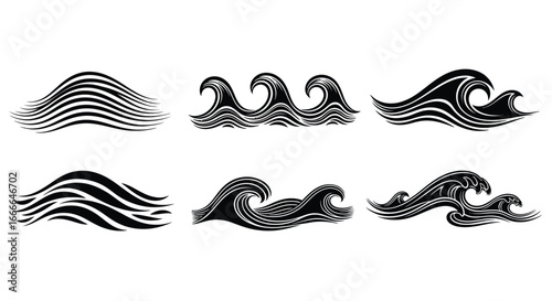 Collection of stylized ocean waves in black and white artistic rendering for design projects vector