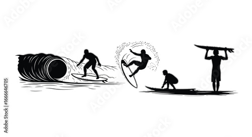 Surfers ride waves near barrel and perform aerial maneuvers in dynamic ocean action scene vector
