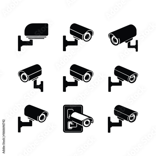 Collection of security camera icons showing different mounting styles for surveillance and monitoring