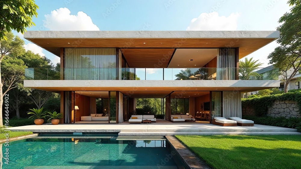 Fototapeta premium Modern architectural design showcasing a luxurious two-story home with a stunning infinity pool and lush landscaping