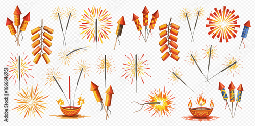 A vibrant collection of festive fireworks, including lit sparklers, rockets, firecrackers, and Diya lamps for Diwali celebrations.