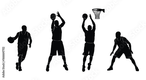 Dynamic basketball players in action silhouettes capturing game moments of shooting dribbling and dunking vector