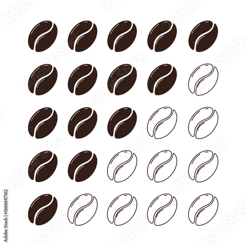Coffee bean intensity roast level, strength light medium or dark scale. Set minimal indicator, coffee beans frying. Different brew.