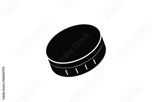 A black and white illustration of a film reel or camera lens cap silhouette