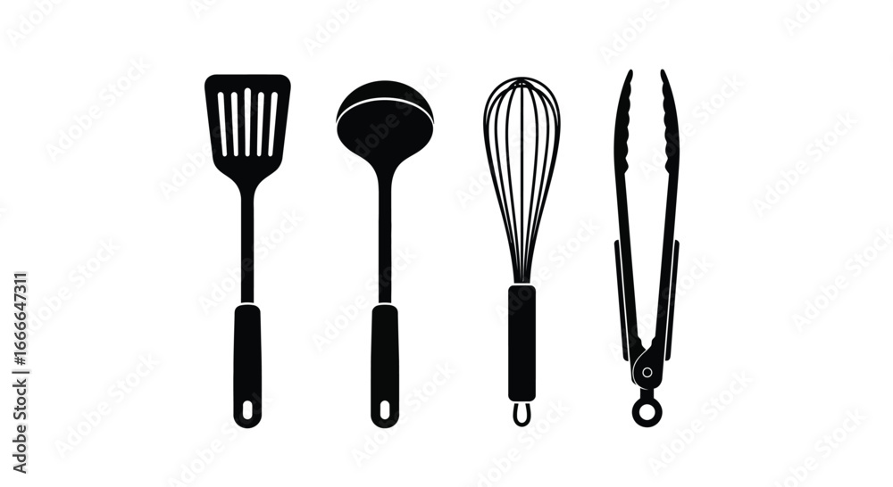Fototapeta premium Set of kitchen utensils including spatula ladle whisk and tongs isolated on white vector