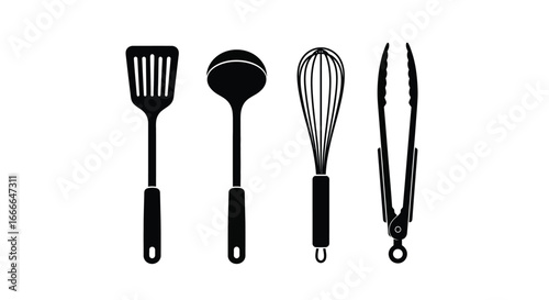 Set of kitchen utensils including spatula ladle whisk and tongs isolated on white vector