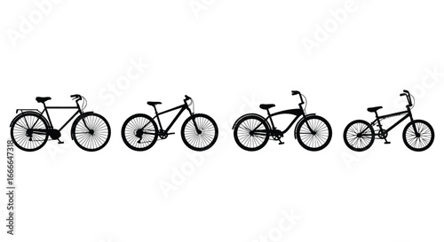 Variety of bicycles lined up showing different styles and sizes for transportation and recreation vector