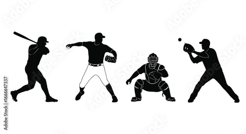 Dynamic baseball silhouettes showcasing batter pitcher catcher and fielder in action vector