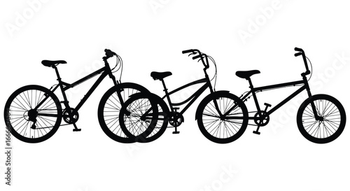 Diverse collection of silhouette bicycles arranged in a row on a vector