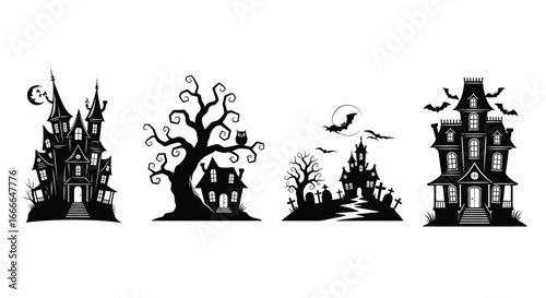 Spooky haunted house silhouettes for halloween celebration spooky atmosphere and decorations vector