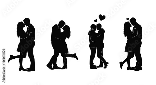 Romantic silhouette couples embracing and kissing love romantic moments collection isolated vector
