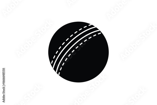 A black cricket ball with white stitching on a plain background silhouette