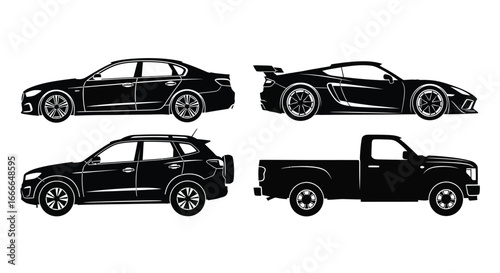 Four black automobile silhouettes sedan sports car suv and pickup truck for automotive design vector