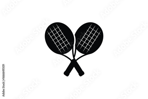 Two black tennis rackets crossed over each other on white background silhouette