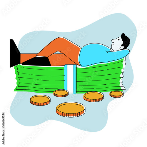 Modern Lineart Man Relaxing on Stack of Money Illustration Asset
