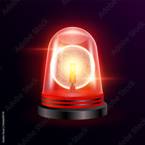 Red siren light transparent on a dark background. Warning flasher alert emergency. Medical distress signal or accident. 3D Vector EPS10.