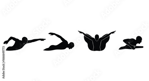 Silhouetted swimmer performing synchronized swimming moves dynamic aquatic athlete poses isolated on white vector