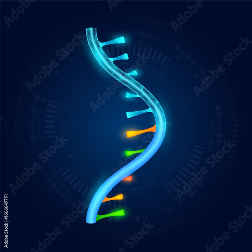 RNA Ribonucleic acid realistic shape model with translucent polygon on dark blue background. Medical science technology. Artificial genetic engineering or gene editing concept. Vector EPS10.