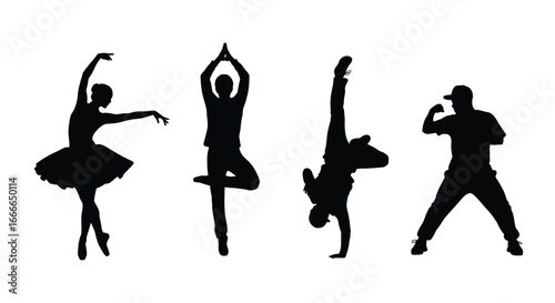 Diverse silhouettes showcase various dance styles ballet yoga breakdance and hip hop poses vector