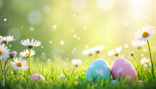 Colorful Easter eggs resting on grass with daisies in spring sunlight  