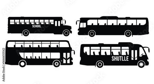 Diverse collection of black silhouette buses for transportation and travel concepts vector