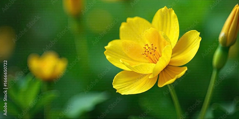 Fototapeta premium A vibrant yellow flower blossoms, its petals unfurling in the soft sunlight, showcasing the intricate details of its pollen and delicate structure against a blurred green backdrop.