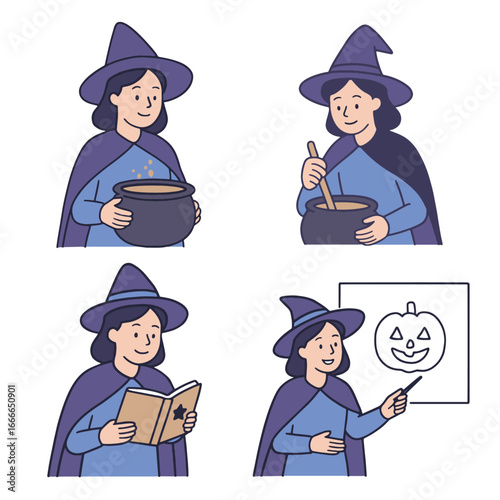 Coloring book coloring page transparency witch stirring cauldron reading book teaching
