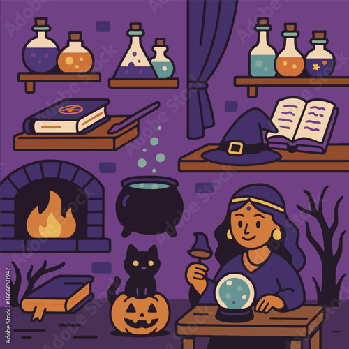 Witch crystal ball potion spell book cauldron black cat pumpkin fireplace magic