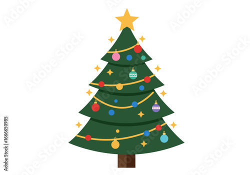 A cartoon Christmas tree is decorated with ornaments tinsel and a star tree topper