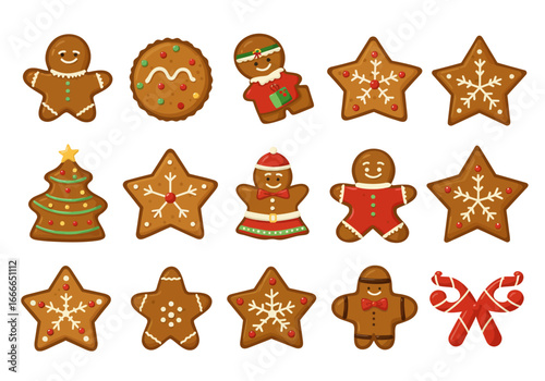 A collection of fifteen decorated gingerbread cookies in festive shapes like stars people trees and candy canes on a white background