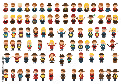 A collection of stylized flatvector illustrations of people singing carols in a uniform size and arrangement on a white background