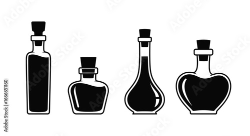 Collection of four glass bottles with cork stoppers containing dark liquid elements vector