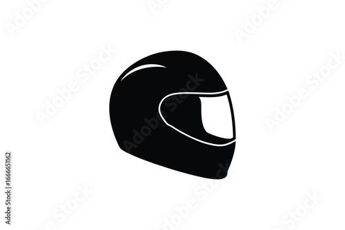 A black motorcycle helmet with a clear visor on a white background silhouette