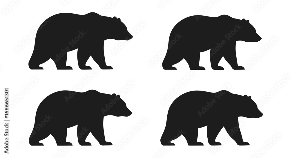 Fototapeta premium Four silhouette black bears walking in different poses isolated on vector
