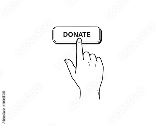 Hand pressing donate button, inger, button, donate, click, touch, illustration isolated on white background