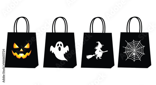 Four black halloween treat bags with spooky icons jack o'lantern ghost witch spiderweb designs vector