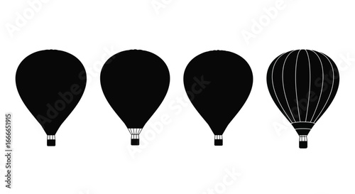 Four black hot air balloons ascending with variety of silhouettes and textures displayed prominently vector