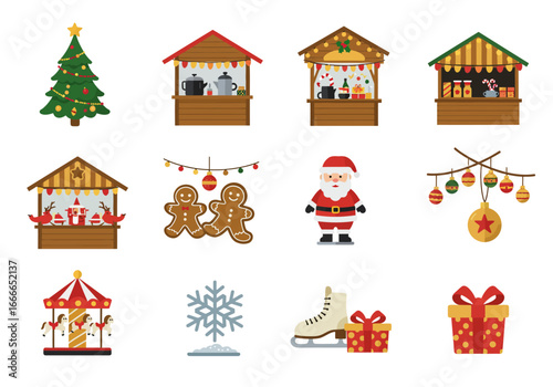 Christmasthemed vector illustration with tree stalls gingerbread Santa ornaments carousel snowflake skate and gift