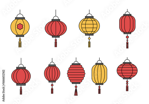 Display of 10 cartoonstyle Chinese lanterns arrayed in two rows against a white background