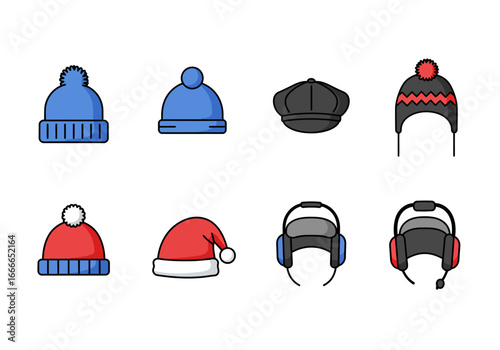 Eight assorted headwear illustrations beanies newsboy cap ear muffs  a Santa hat on a white background