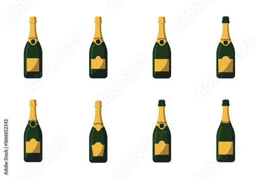 Eight champagne bottles are arranged in a neat 2x4 grid each showcasing varying label styles and greengold color schemes against a white background