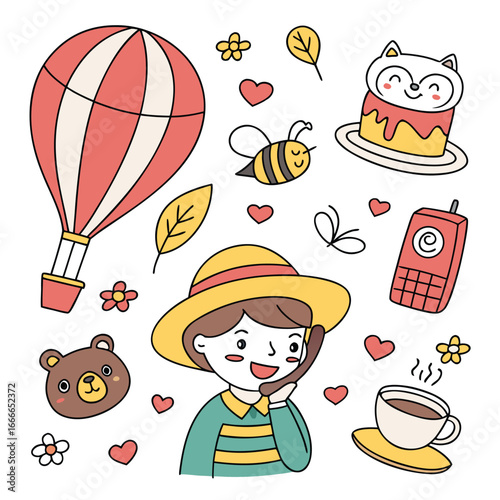 Whimsical doodle collection featuring hot air balloon girl bee and cake
